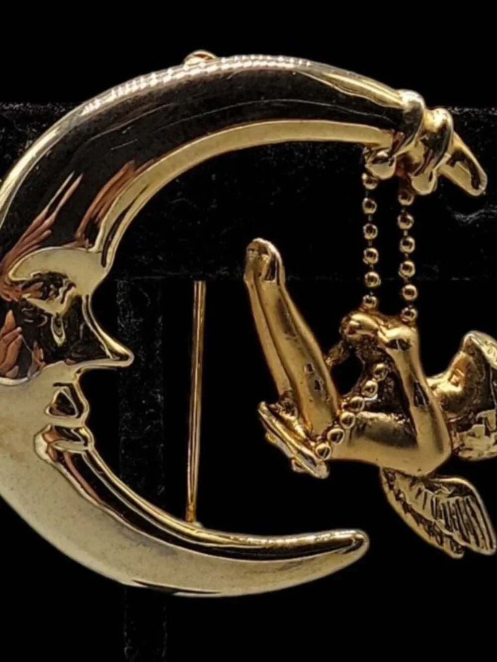Vintage Danecraft Man on the Moon Brooch Cherub Angel Swinging Gold Tone